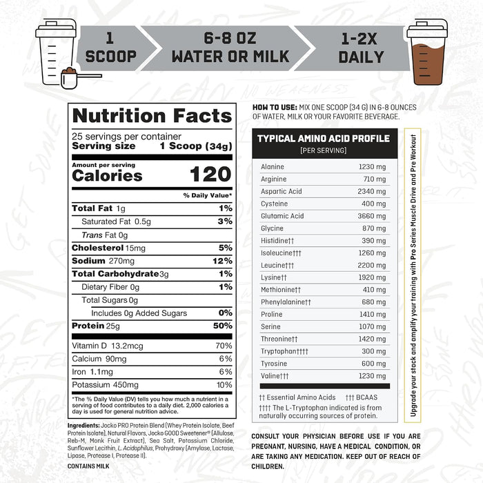Jocko Fuel Pro Series Protein Isolate Supplement Facts panel showing nutrition facts, ingredients, serving size, and amino acid profile.