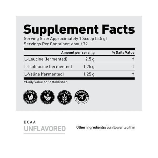 Supplement Facts panel for KAGED BCAA 2:1:1 Powder –72 Servings – showing fermented amino acid profile and dosages for muscle recovery and hydration | TigerFitness.com