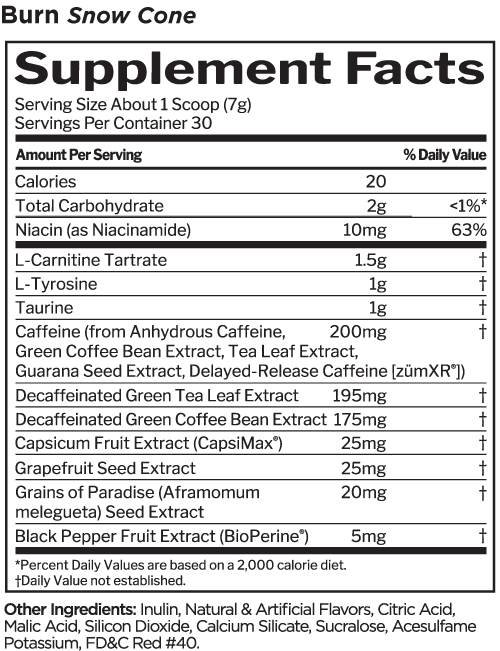 Rule 1 Burn supplement facts label, Snow Cone