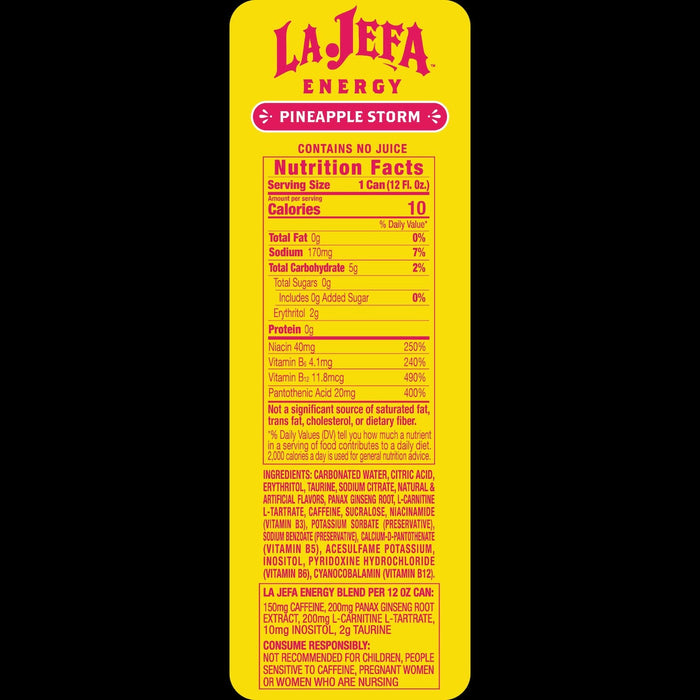 La Jefa Energy Drink Pineapple Storm nutrition facts panel