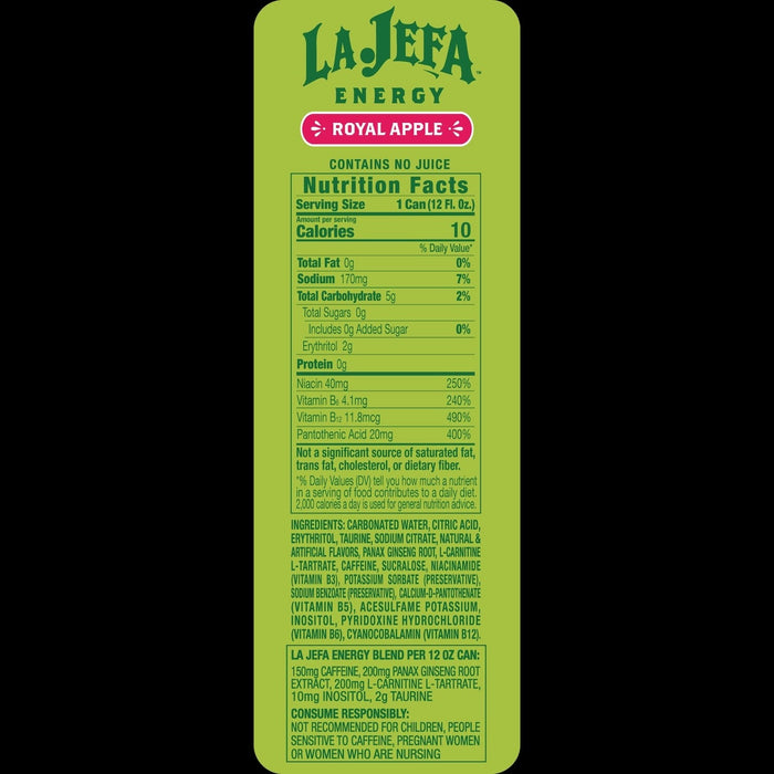 La Jefa Energy Drink Royal Apple nutrition facts panel