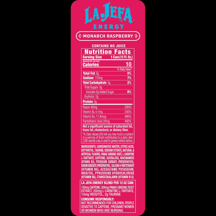 La Jefa Energy Drink Monarch Raspberry nutrition facts panel