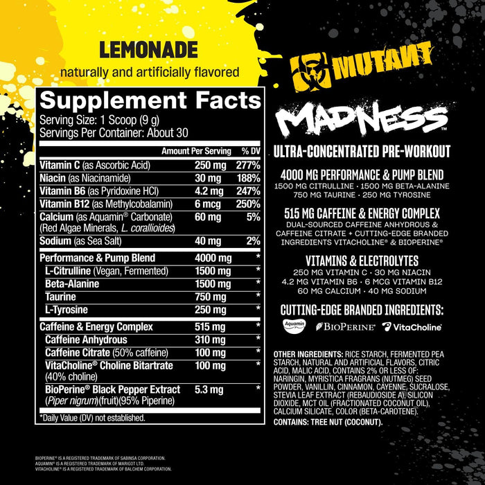Supplement Facts Lemonade – MUTANT Madness Ingredients – TigerFitness