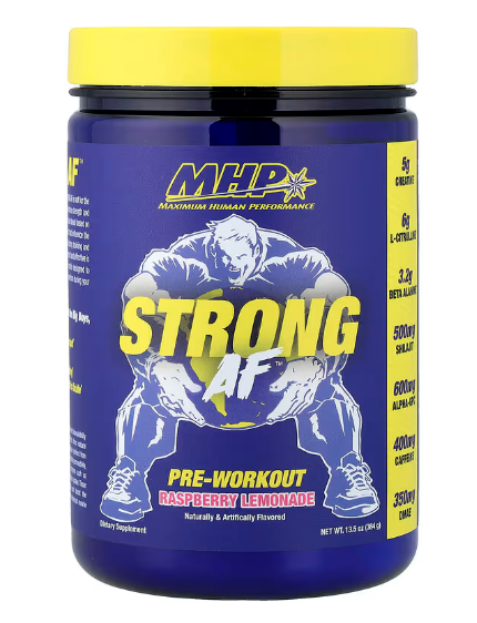 MHP Strong AF pre workout raspberry lemonade supplement container front label 