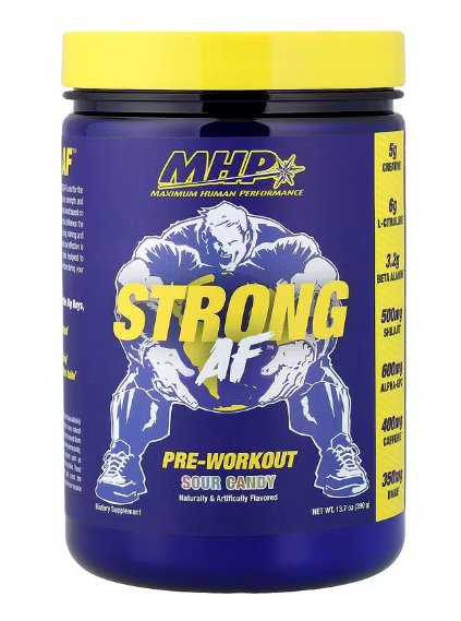 MHP Strong AF pre workout Sour Candy supplement container front label