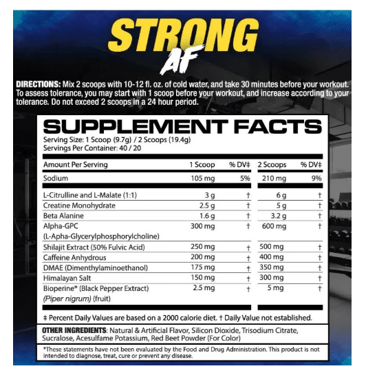 MHP Strong AF supplement facts high stim pre workout creatine caffeine formula