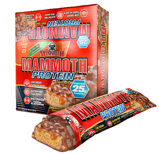 Mammoth Protein Bars Chocolate Caramel Crunch 12-pack box featuring high-protein snack bars with rich chocolate and caramel flavor for convenient on-the-go nutrition.