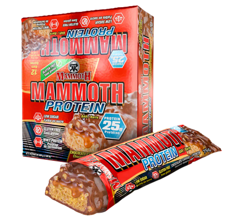 Mammoth Protein Bars Chocolate Caramel Crunch 12-pack box featuring high-protein snack bars with rich chocolate and caramel flavor for convenient on-the-go nutrition.