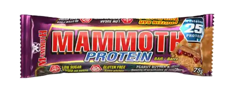 Mammoth Protein Bar Peanut Butter & Jelly single bar featuring peanut butter and jelly inspired flavor in a convenient high protein snack.