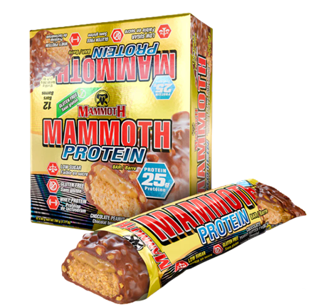 Mammoth Protein Bars Chocolate Peanut Butter 12-pack box featuring delicious high-protein snack bars with chocolate and peanut butter flavor.