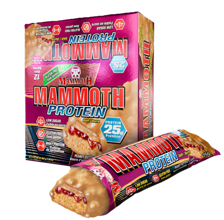 Mammoth Protein Bars Peanut Butter & Jelly 12-pack box featuring high-protein snack bars inspired by the classic PB&J flavor combination.
