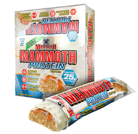 Mammoth Protein Bars White Chocolate Salted Caramel 12-pack box featuring indulgent white chocolate and salted caramel flavored protein bars.
