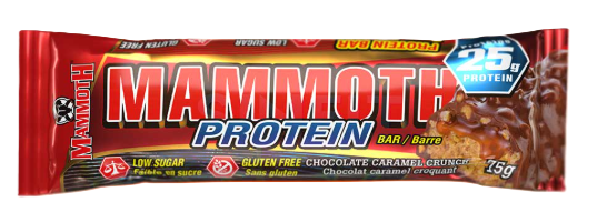 Mammoth Protein Bar in Chocolate Caramel Crunch flavor featuring a protein-packed snack bar with rich chocolate and caramel taste.