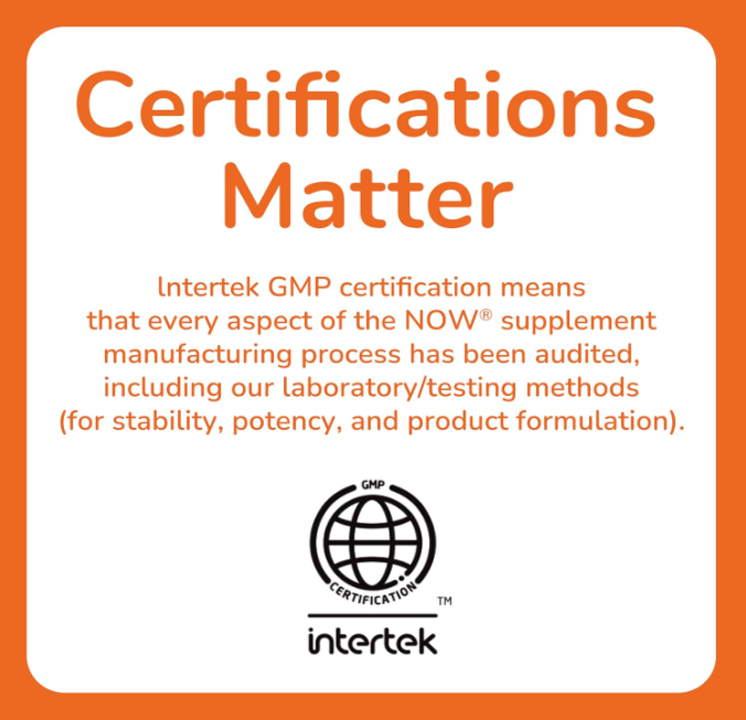 NOW Supplements Lycopene 10 mg Certifications Matter graphic highlighting GMP quality assurance and Intertek certified manufacturing standards
