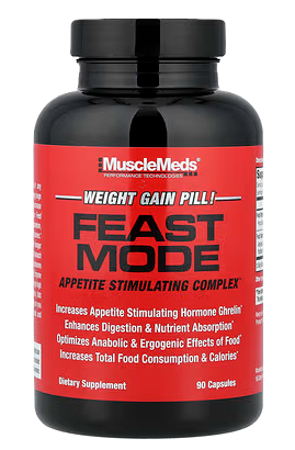 MuscleMeds Feast Mode digestive enzyme supplement bottle for protein digestion and nutrient absorption support.