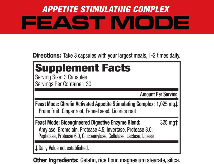 MuscleMeds Feast Mode Supplement Facts panel showing digestive enzyme blend and serving information.