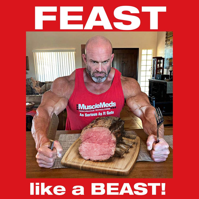 MuscleMeds Feast Mode digestive support supplement with "FEAST like a BEAST" lifestyle graphic.