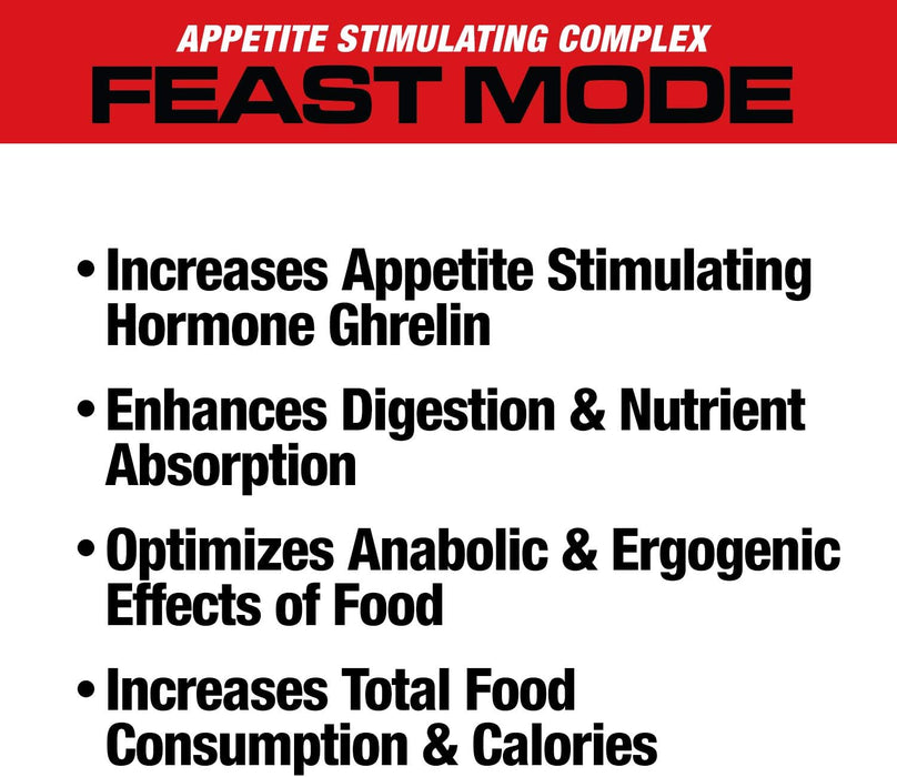 MuscleMeds Feast Mode supplement facts highlighting digestive enzyme benefits for protein digestion, nutrient absorption, and calorie utilization.