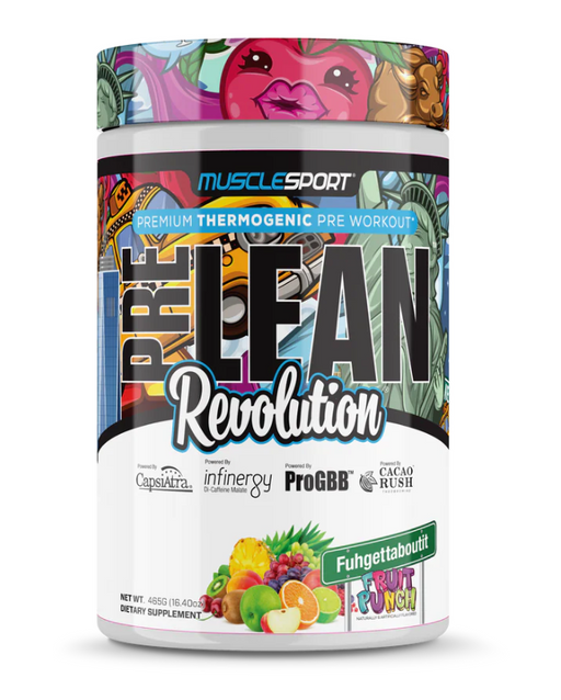 MuscleSport PreLean Revolution Fuhgettaboutit  fruit punch thermogenic pre workout container front label