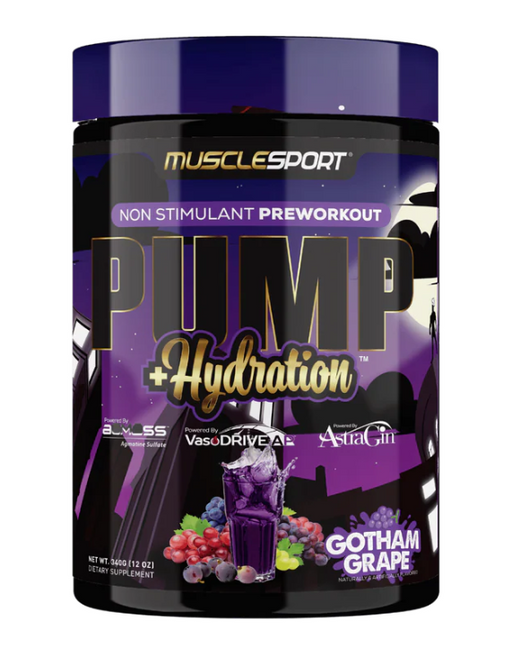 MuscleSport Pump and Hydration non stim pre workout Gotham Grape container front label