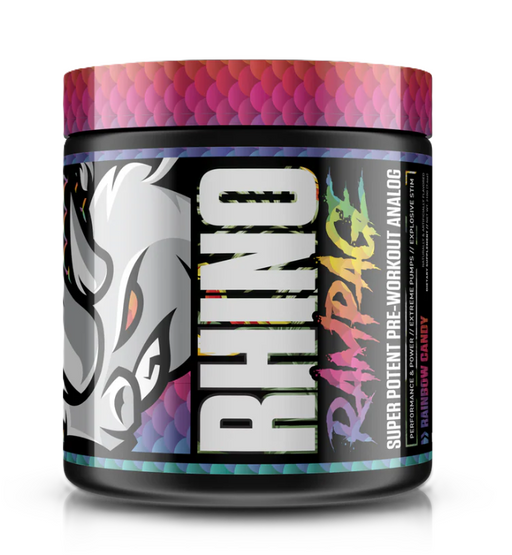 MuscleSport Rhino Rampage Pre-Workout Rainbow Candy tub front label