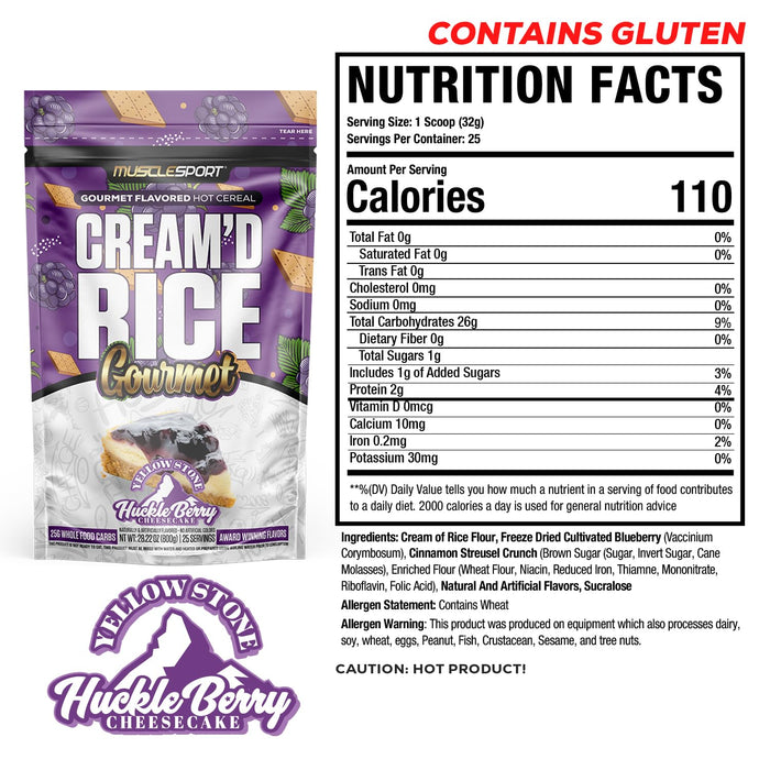 MuscleSport Cream'd Rice Gourmet Huckleberry Cheesecake supplement facts, ingredients, and directions panel