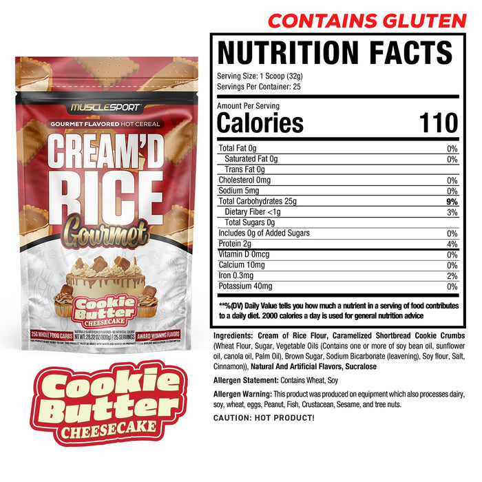 MuscleSport Cream'd Rice Gourmet Cookie Butter Cheesecake supplement facts, ingredients, and directions panel