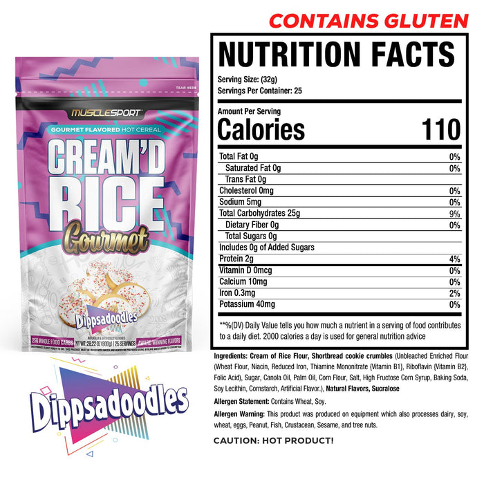 MuscleSport Cream'd Rice Gourmet Dippsadoodles supplement facts, ingredients, and directions panel