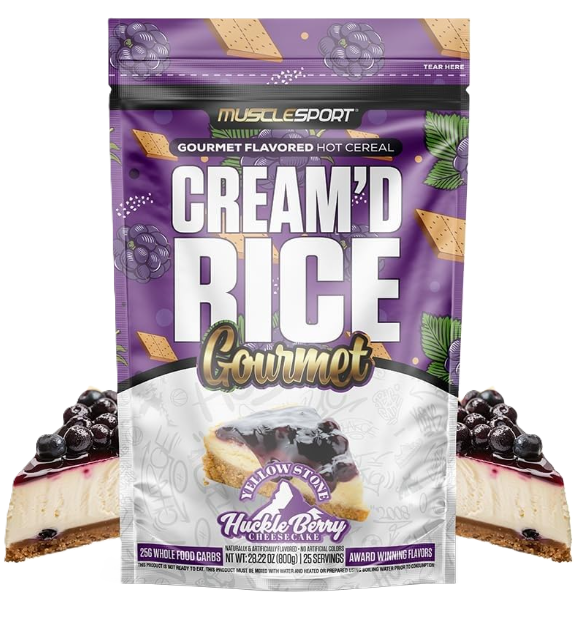 MuscleSport Cream'd Rice Gourmet Huckleberry Cheesecake cream of rice hot cereal front label 25 Servings
