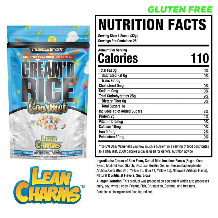 MuscleSport Cream'd Rice Gourmet Lean Charms supplement facts, ingredients, and directions panel