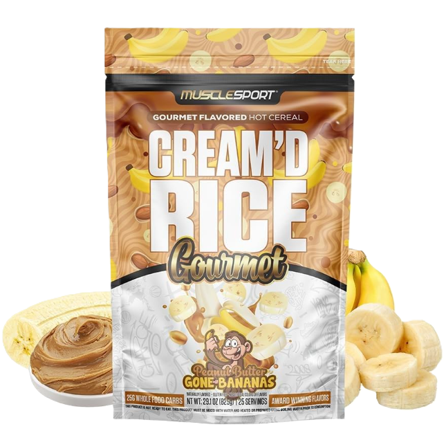 MuscleSport Cream'd Rice Gourmet Peanut Butter Gone Bananas cream of rice hot cereal front label 25 Servings
