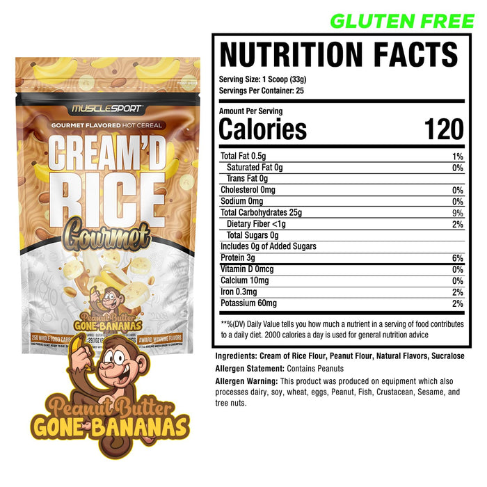 MuscleSport Cream'd Rice Gourmet Peanut Butter Gone Bananas supplement facts, ingredients, and directions panel