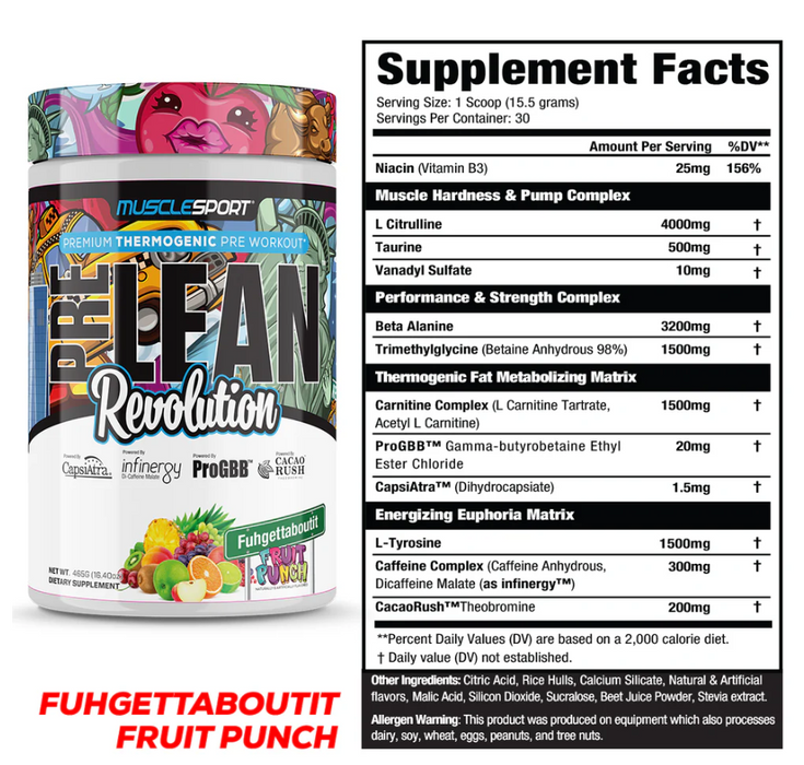 MuscleSport PreLean supplement facts thermogenic pre workout fat shredding formula panel