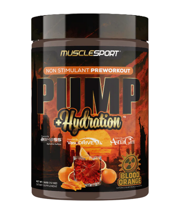 MuscleSport Pump and Hydration non stim pre workout  Blood Orange container front label