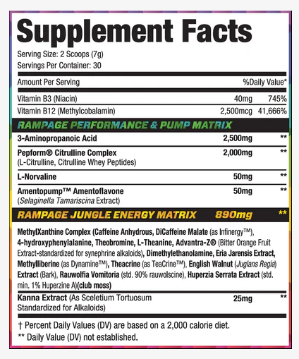MuscleSport Rhino Rampage supplement facts and directions label