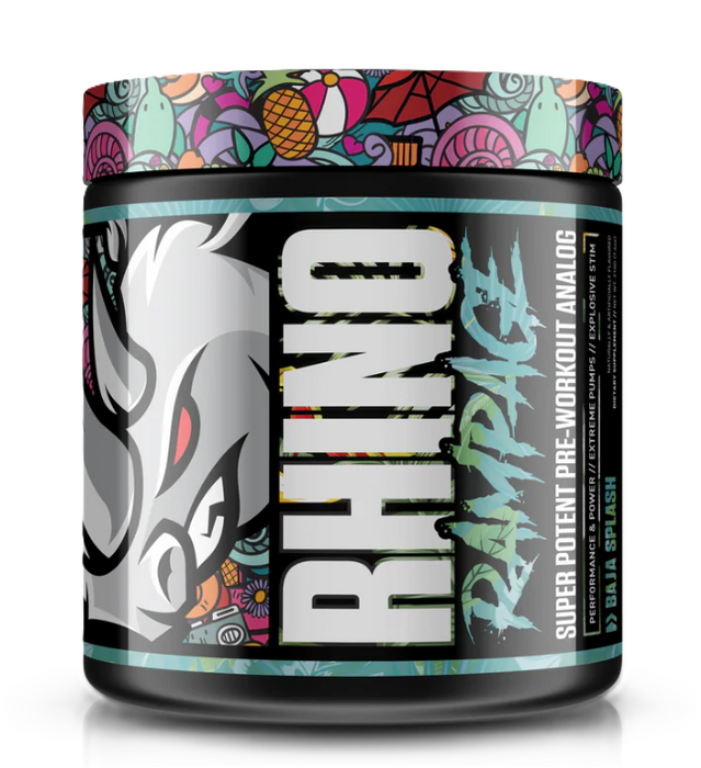 MuscleSport Rhino Rampage Pre-Workout Baja Splash tub front label