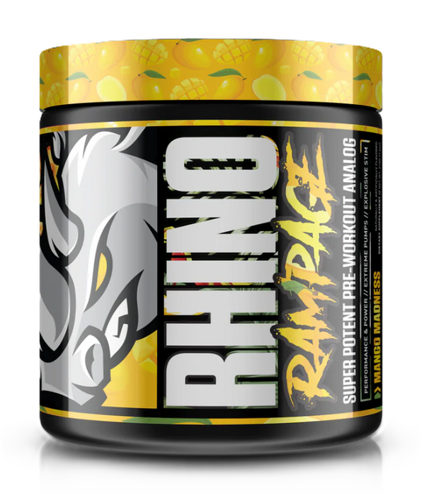 MuscleSport Rhino Rampage Pre-Workout Mango Madness tub front label