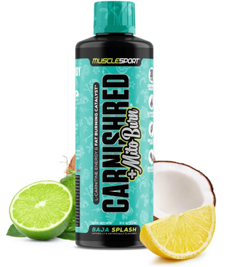 MuscleSport CarniShred+ Mitoburn Blue Baja Salsa liquid L-Carnitine fat burner bottle with lime and lemon slices