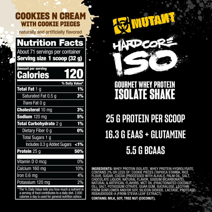 Back label of Mutant Hardcore ISO 1.6 lb whey protein isolate Cookie & Cream showing the Supplement Facts panel, ingredients, directions for use, and nutritional information.