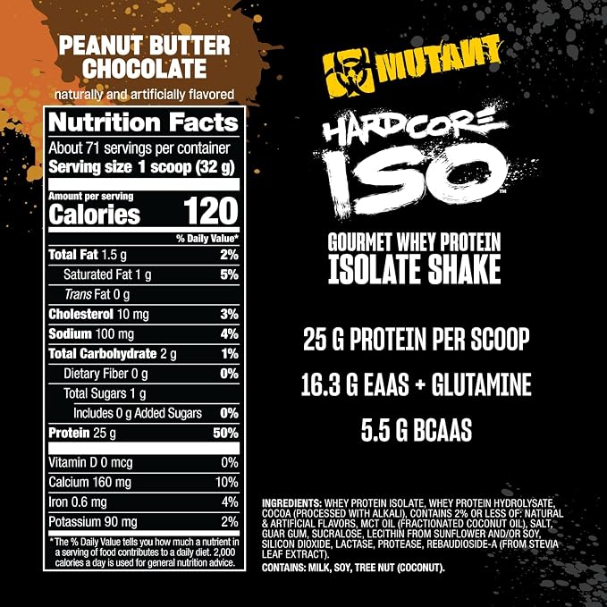 Back label of Mutant Hardcore ISO 1.6 lb whey protein isolate Peanut Butter Chocolate showing the Supplement Facts panel, ingredients, directions for use, and nutritional information.