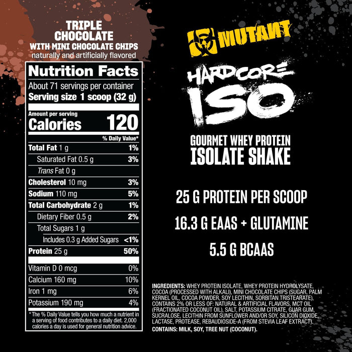 Back label of Mutant Hardcore ISO 1.6 lb whey protein isolate Triple Chocolate showing the Supplement Facts panel, ingredients, directions for use, and nutritional information.