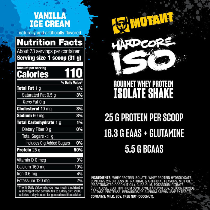 Back label of Mutant Hardcore ISO 1.6 lb whey protein isolate Vanilla showing the Supplement Facts panel, ingredients, directions for use, and nutritional information.