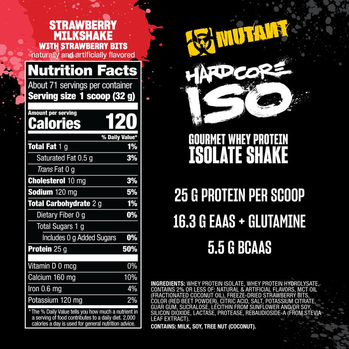 Back label of Mutant Hardcore ISO 1.6 lb whey protein isolate Strawberry Milkshake showing the Supplement Facts panel, ingredients, directions for use, and nutritional information.