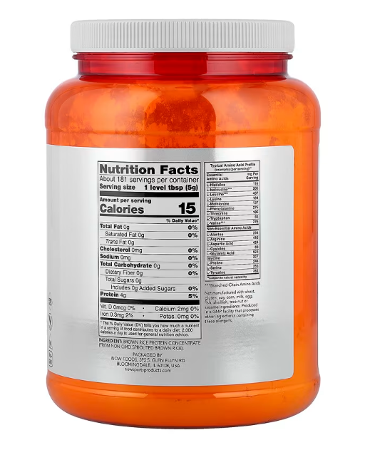 NOW Sports Sprouted Brown Rice Protein Powder supplement facts label vegan protein powder