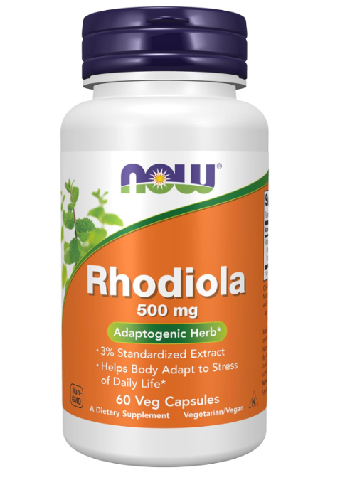 NOW Foods Rhodiola 500 mg adaptogenic herb supplement bottle 60 veg capsules stress and energy support