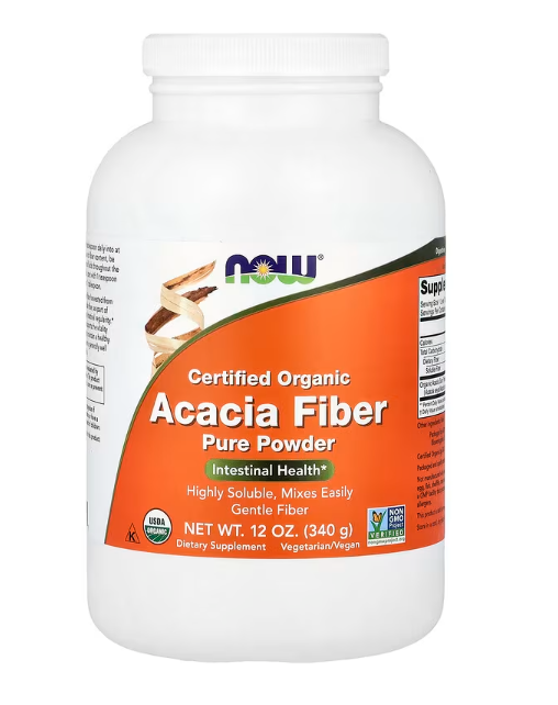 NOW Foods Certified Organic Acacia Fiber Pure Powder 12 oz bottle front label highly soluble intestinal health supplement