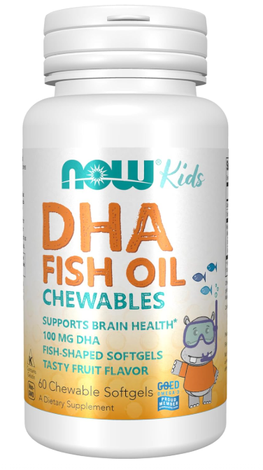 NOW Kids DHA Fish Oil Chewables 100 mg bottle front label