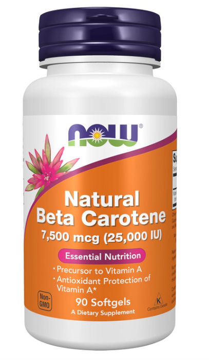 NOW Foods Natural Beta Carotene 25,000 IU softgels bottle front label 90 Softgels