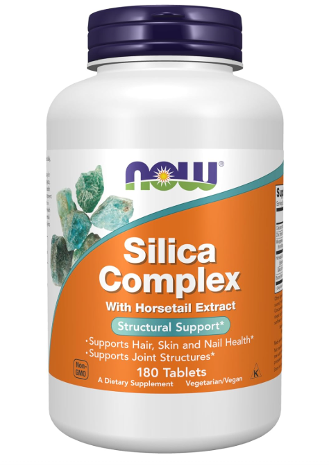 NOW Foods Silica Complex with Horsetail Extract veg capsules bottle front label 180 Tablets