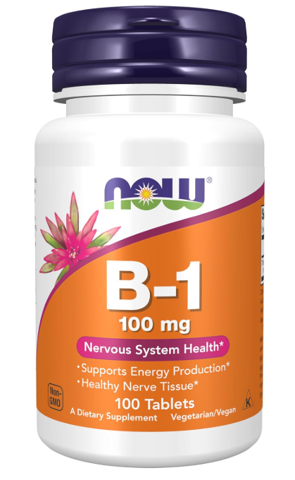 NOW Foods Vitamin B-1 100 mg thiamine supplement bottle front label for nervous system health and energy production